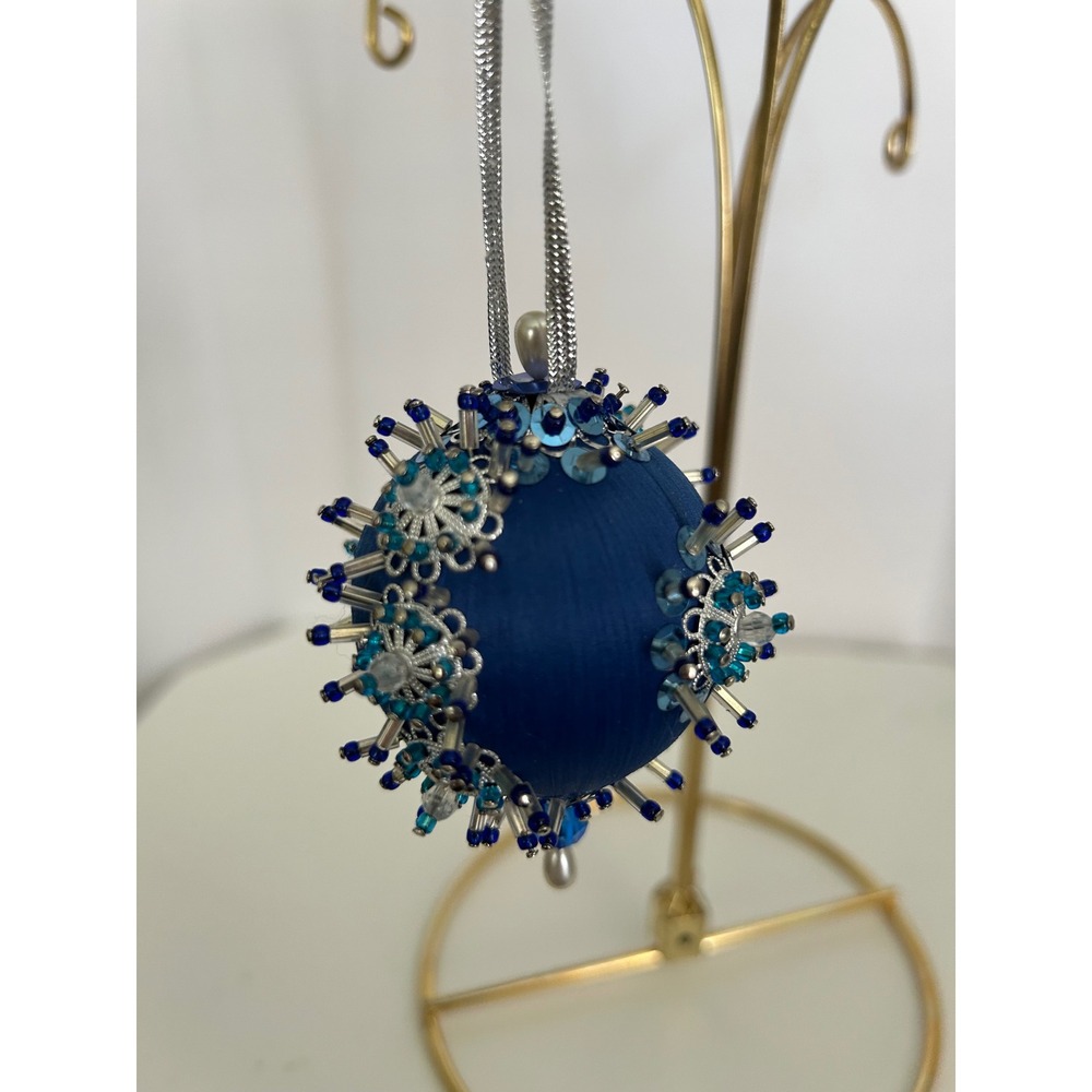 Christmas Push Pin Ornament Blue Satin Sequin Silver Filigree Collectible